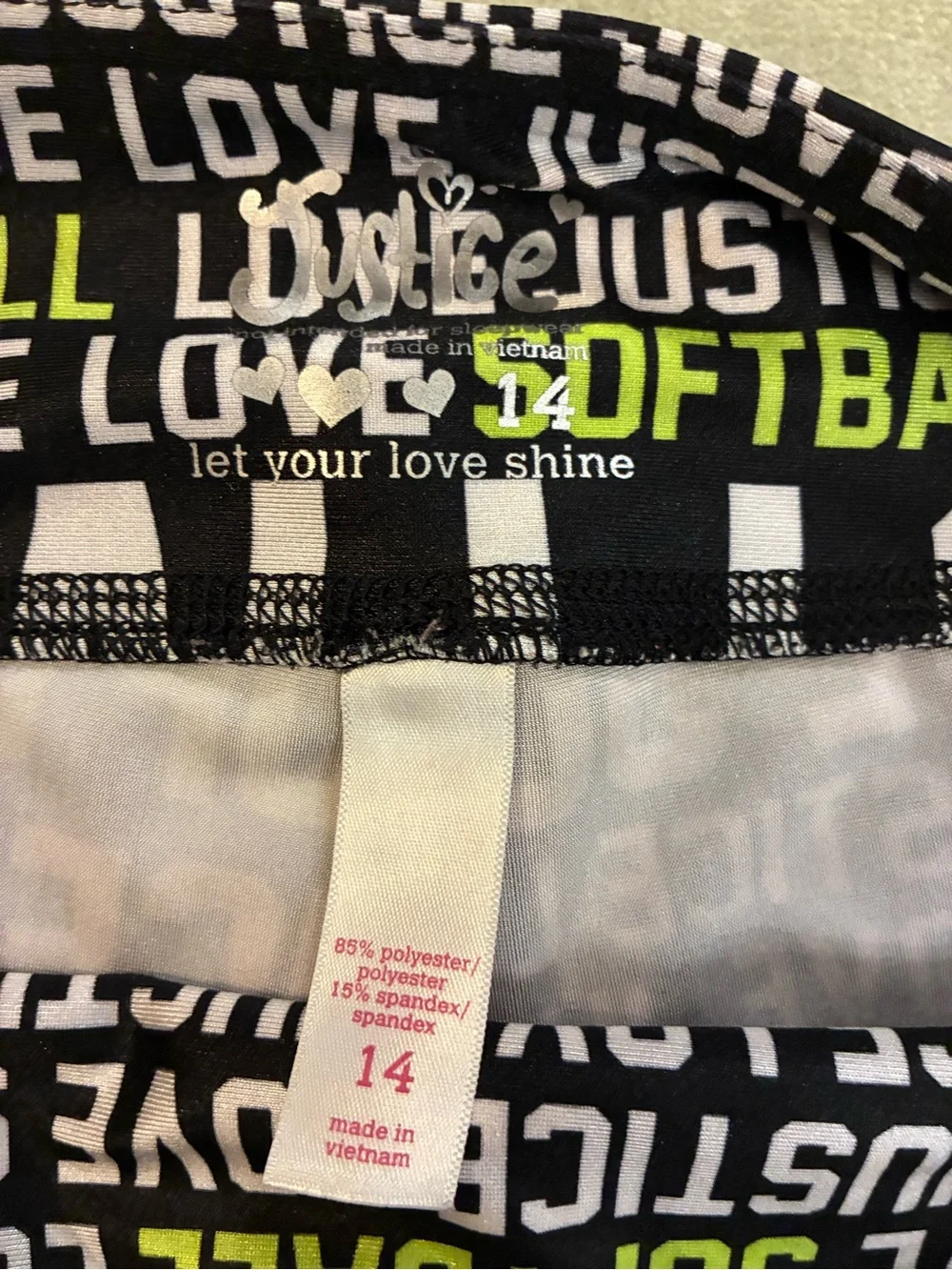 Justice Girls' Black & Neon Green 'Love Softball' Leggings Knee High Size 14
